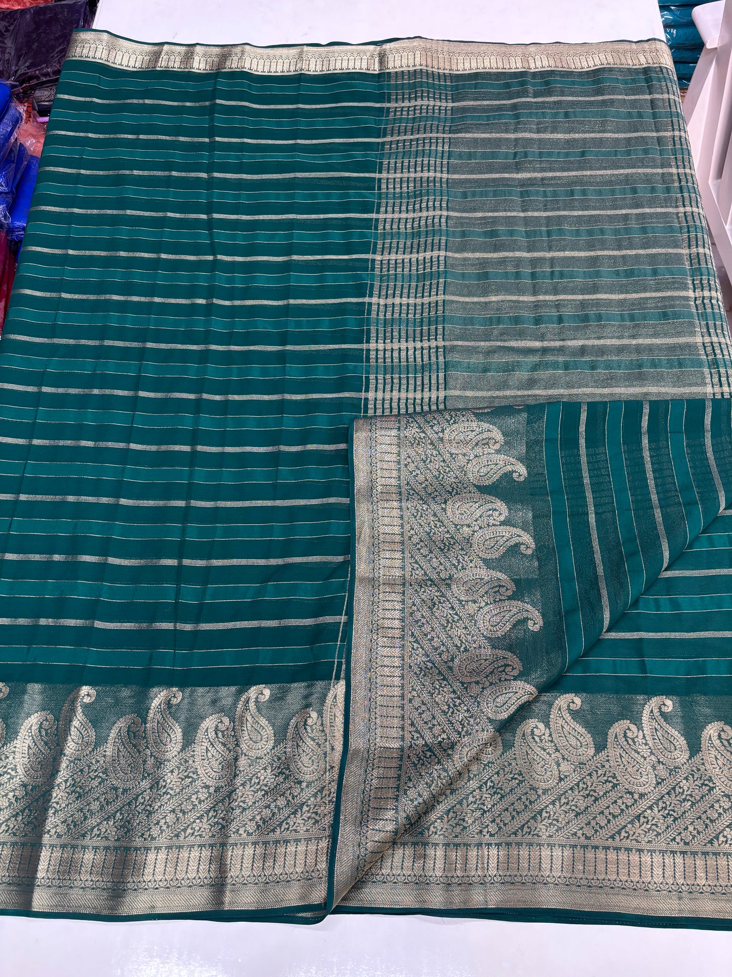 Chiffon (Self, Satin Lines and Rich Mango Border)
