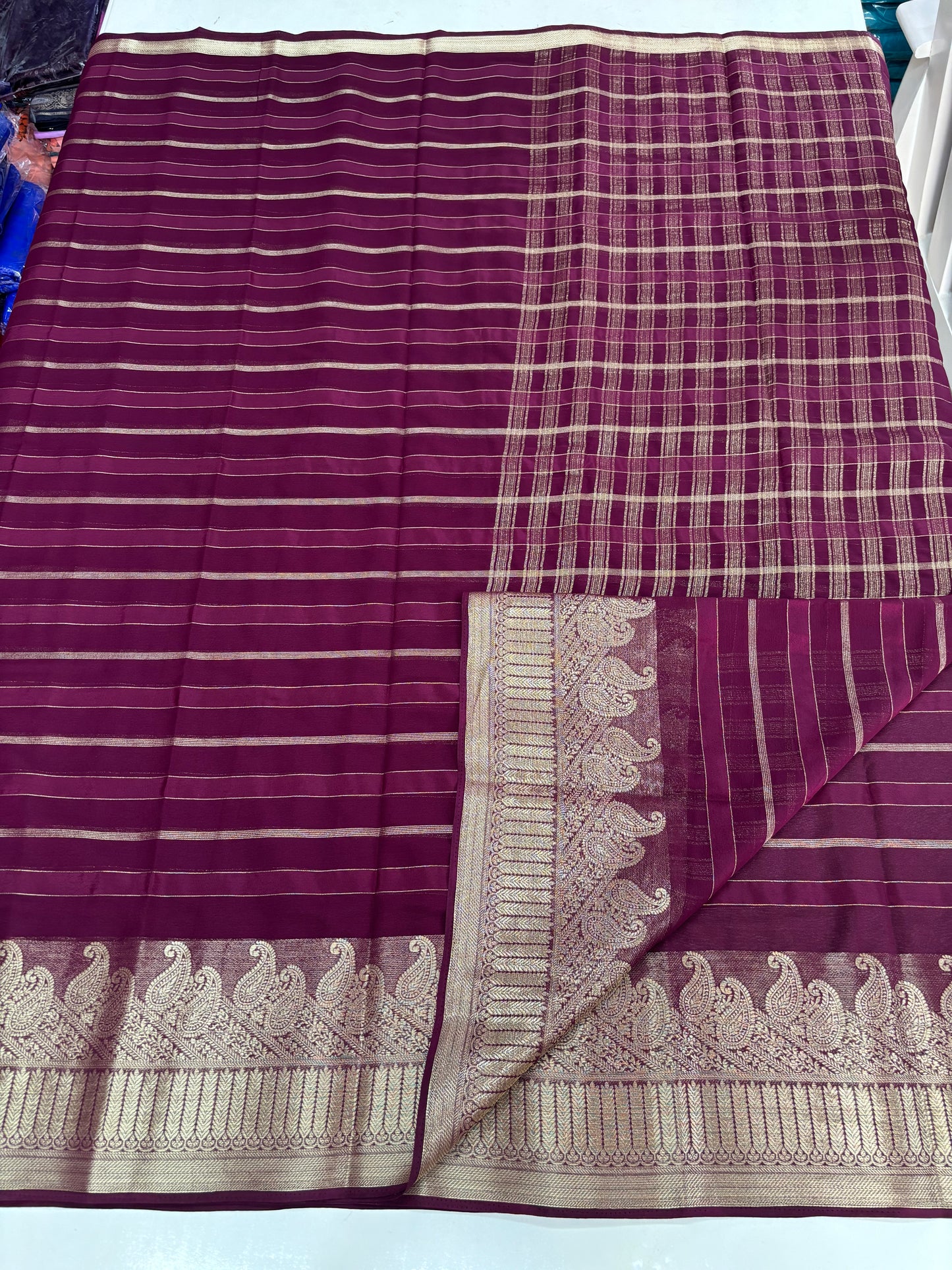 Chiffon (Self, Satin Lines and Rich Mango Border)