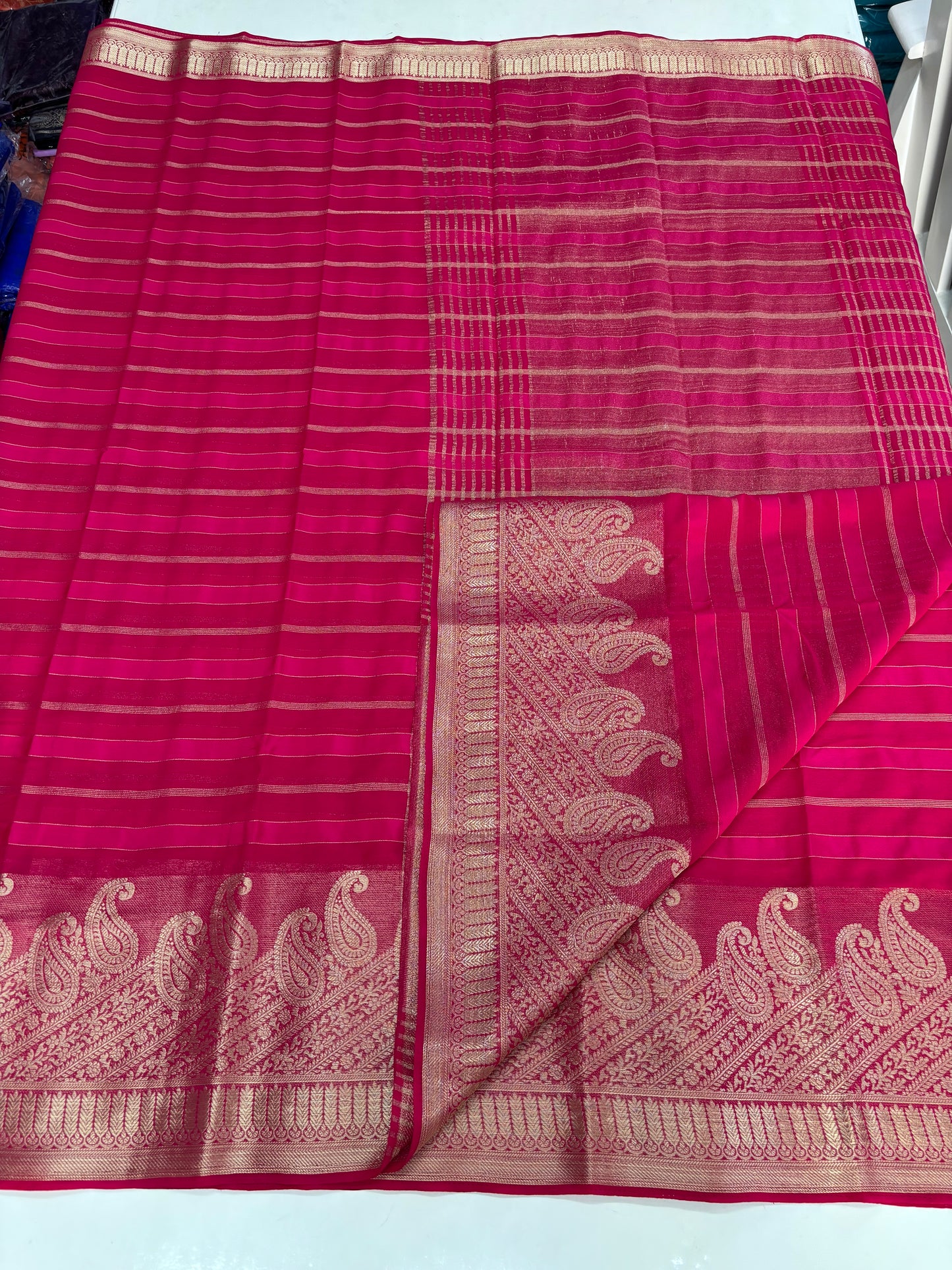 Chiffon (Self, Satin Lines and Rich Mango Border)