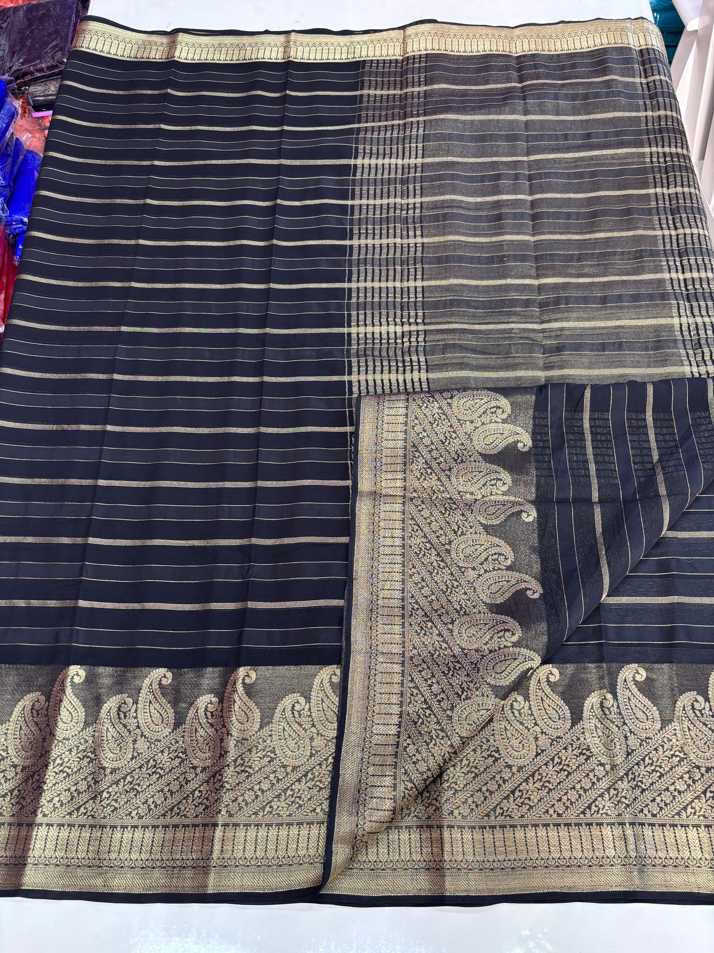 Chiffon (Self, Satin Lines and Rich Mango Border)