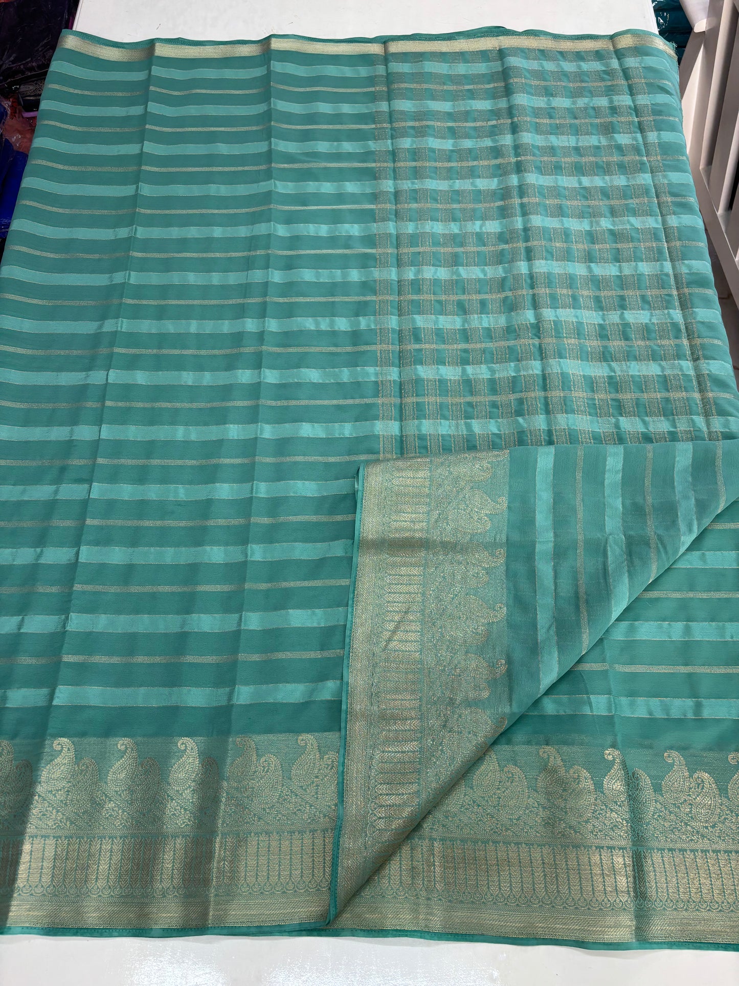 Chiffon (Self, Satin Lines and Rich Mango Border)