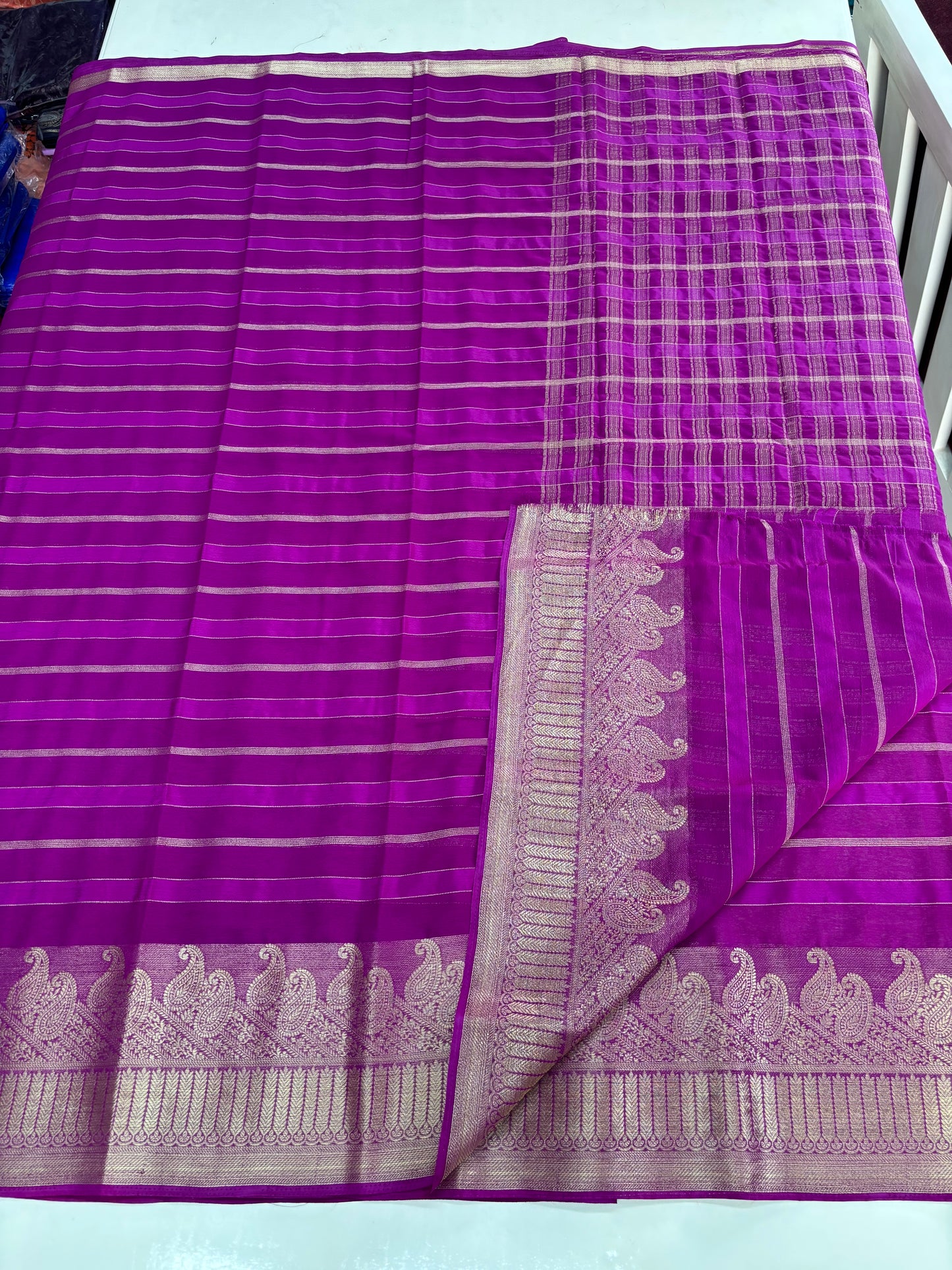 Chiffon (Self, Satin Lines and Rich Mango Border)