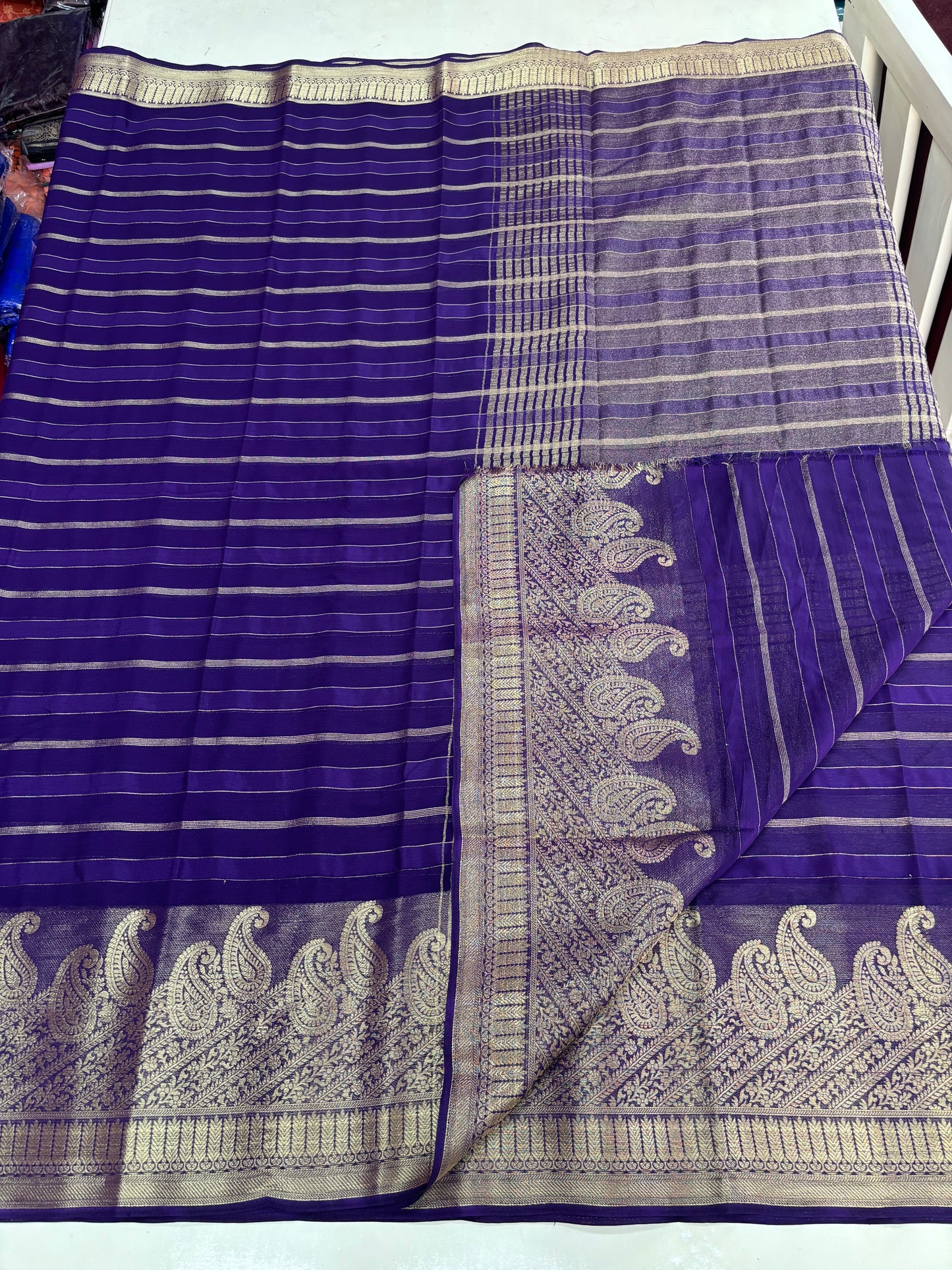 Chiffon (Self, Satin Lines and Rich Mango Border)