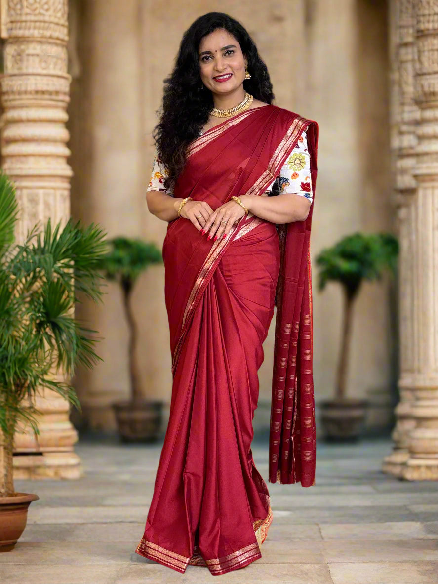 Semi Mysore Crepe (Self, 2 inch Floral Waves Border)