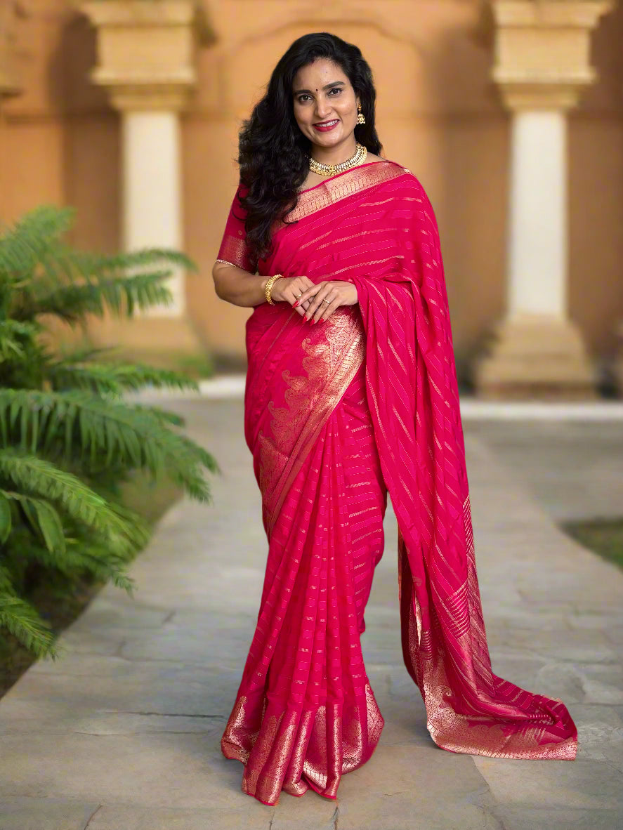 Chiffon (Self, Satin Lines and Rich Mango Border)