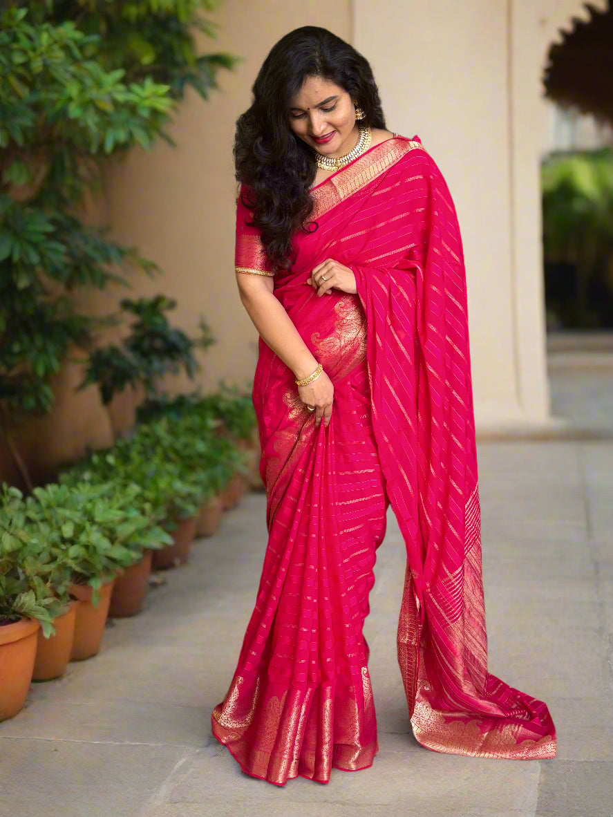 Chiffon (Self, Satin Lines and Rich Mango Border)