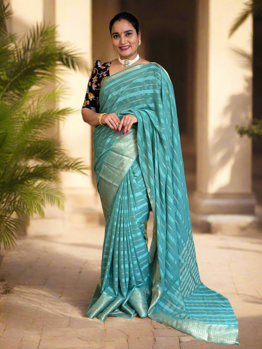 Chiffon (Self, Satin Lines and Rich Mango Border)