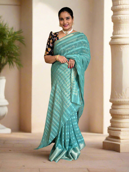 Chiffon (Self, Satin Lines and Rich Mango Border)