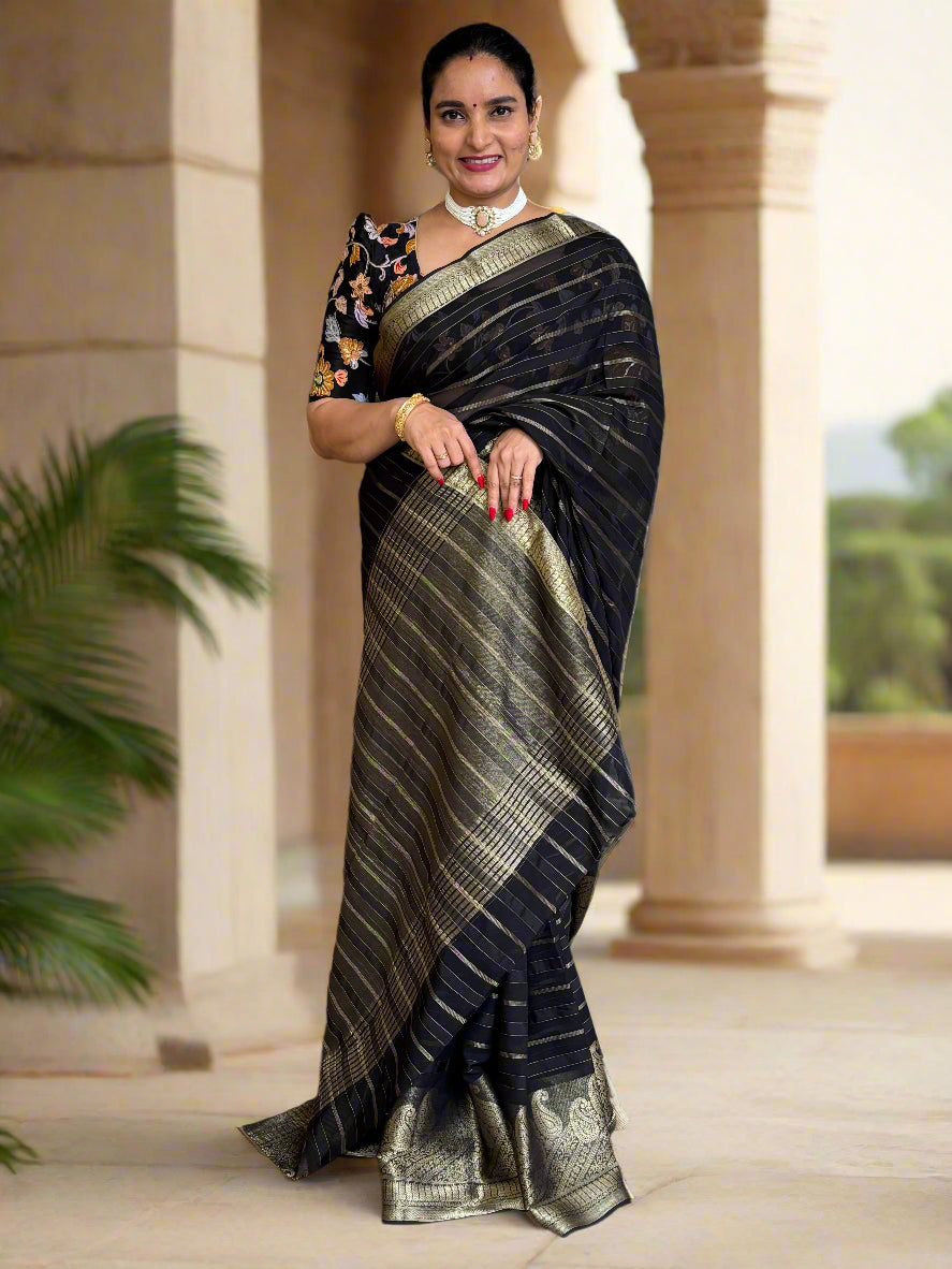Chiffon (Self, Satin Lines and Rich Mango Border)