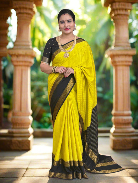 Super Premium Semi Mysore Crepe (Black-themed leaf bentex border)