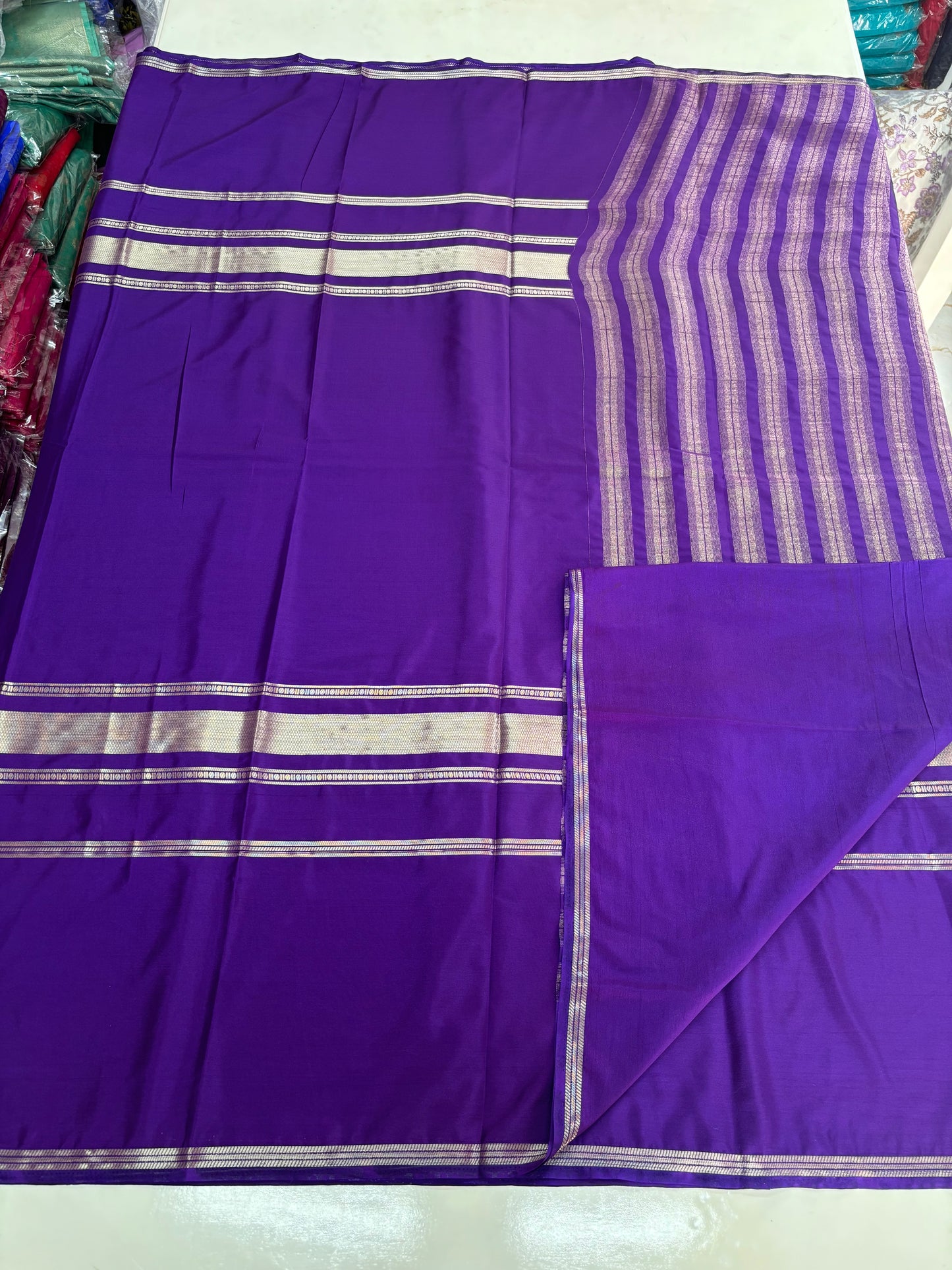Semi Mysore Crepe (Self, Big 4 Lines border)