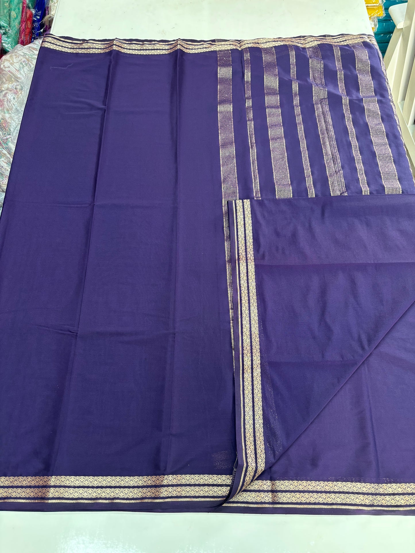 Semi Mysore Crepe (Self, 2 inch Floral Waves Border)