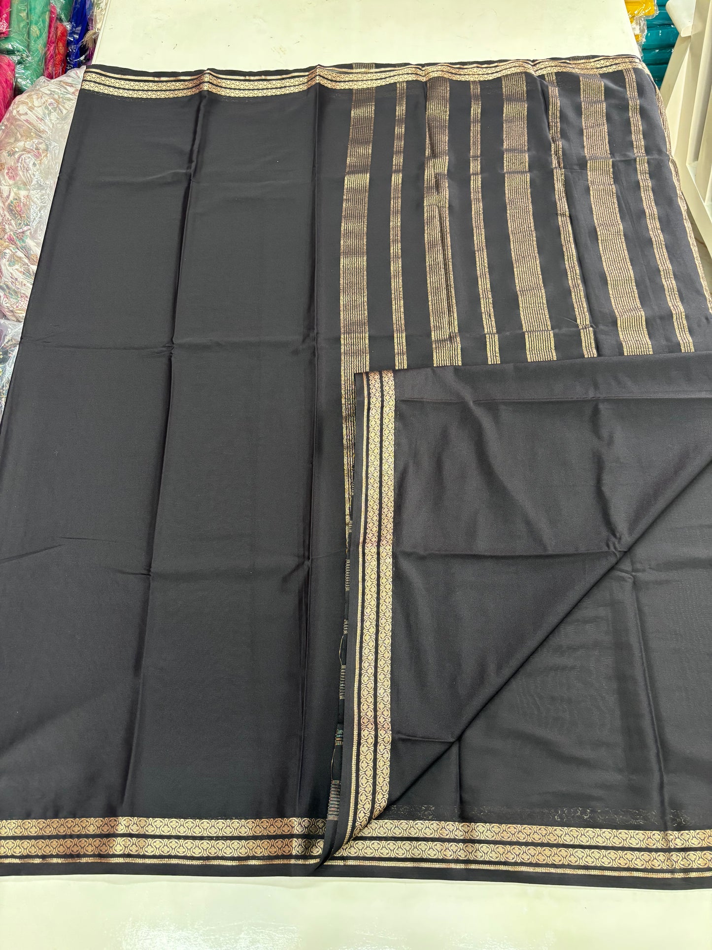 Semi Mysore Crepe (Self, 2 inch Floral Waves Border)