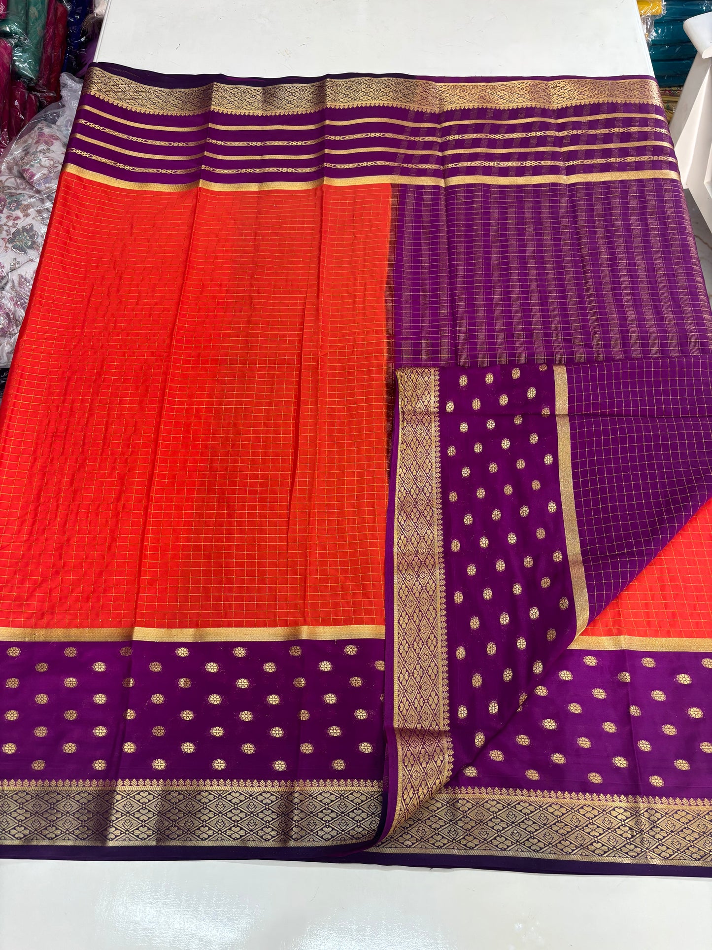 Semi Mysore Crepe (Premium, 3D Checks, 2 Bentex Borders)
