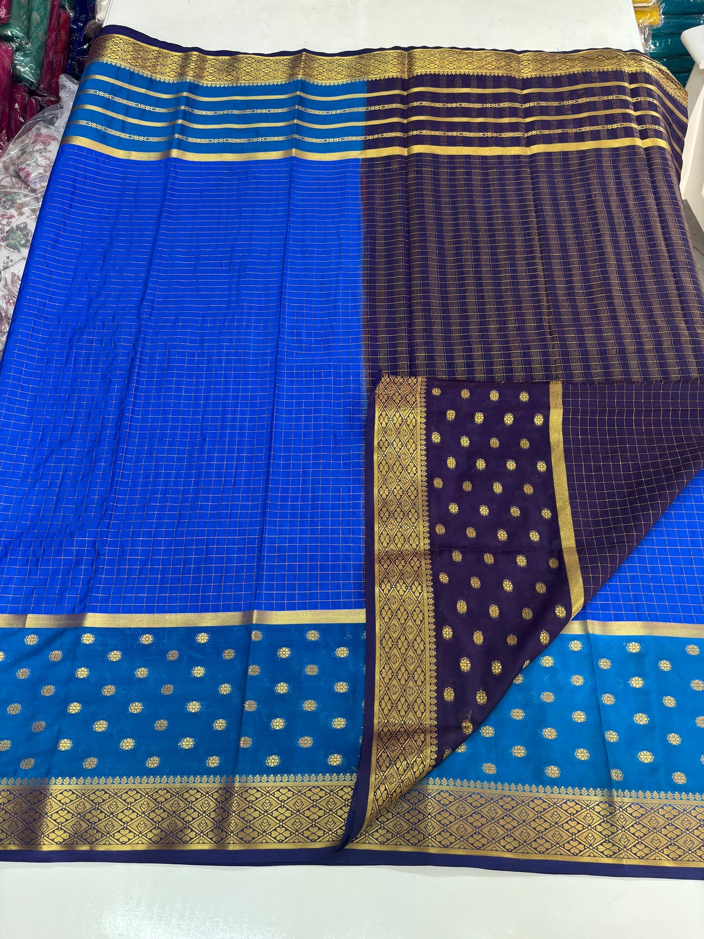 Semi Mysore Crepe (Premium, 3D Checks, 2 Bentex Borders)