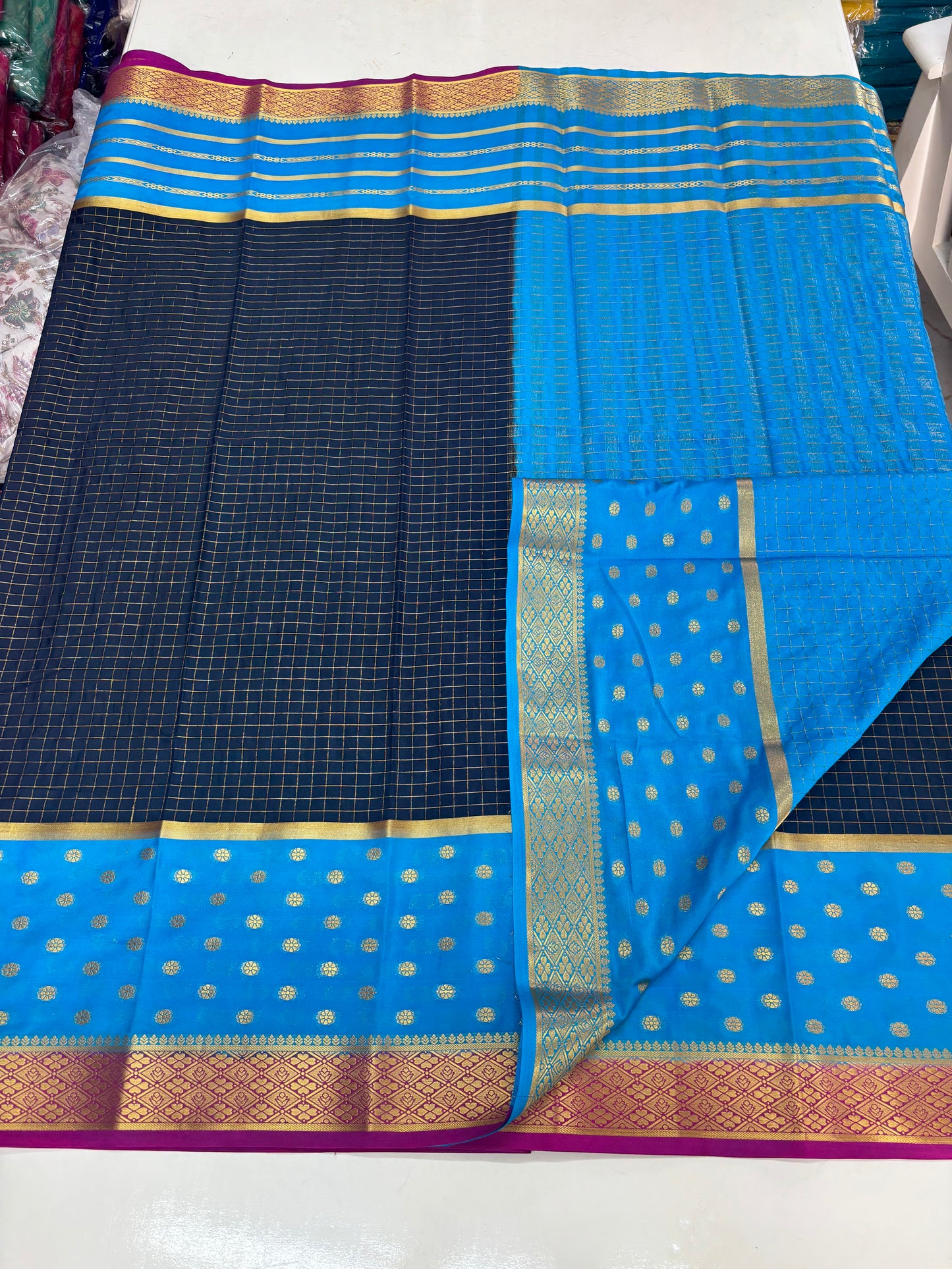 Semi Mysore Crepe (Premium, 3D Checks, 2 Bentex Borders)