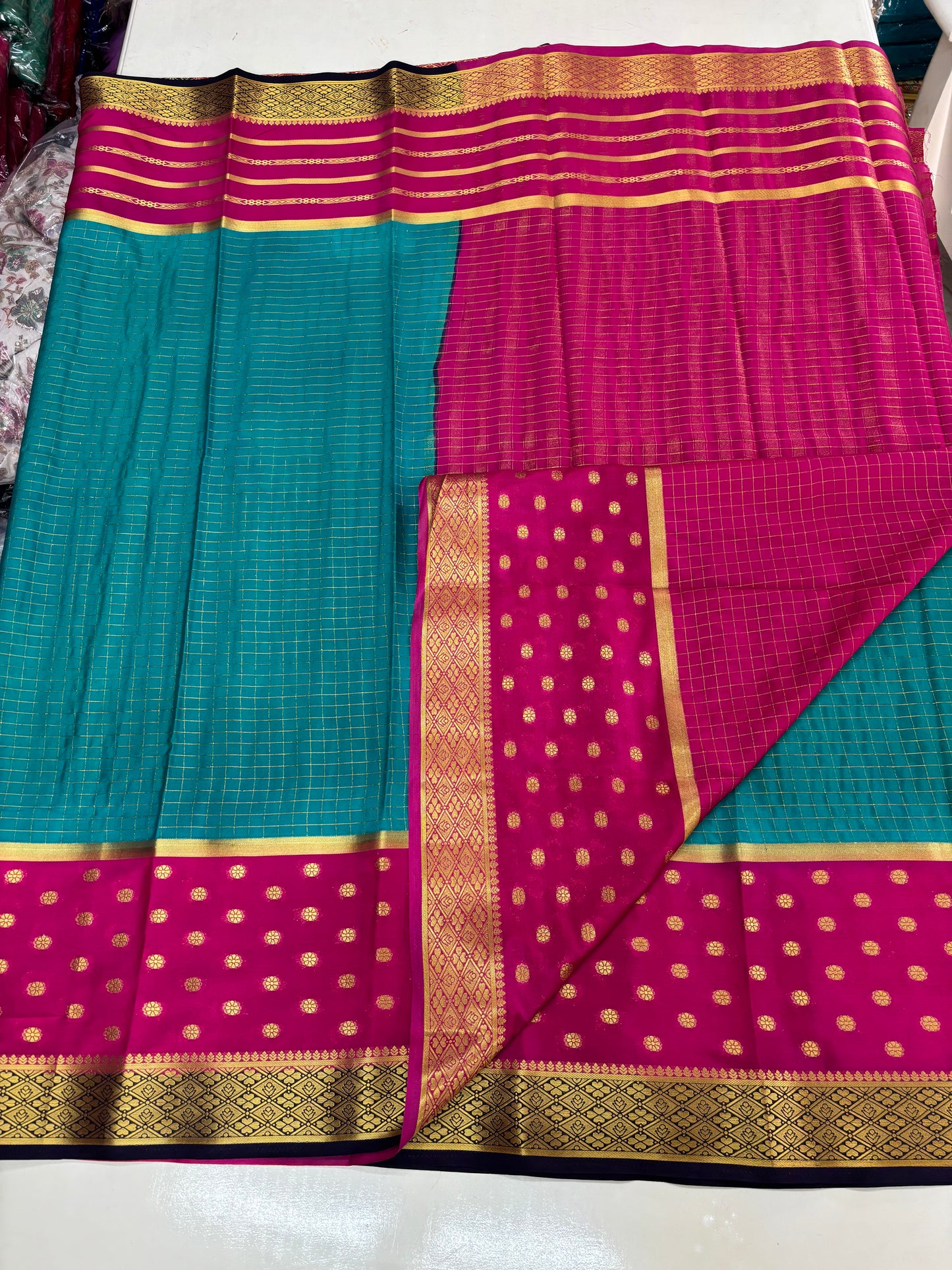 Semi Mysore Crepe (Premium, 3D Checks, 2 Bentex Borders)