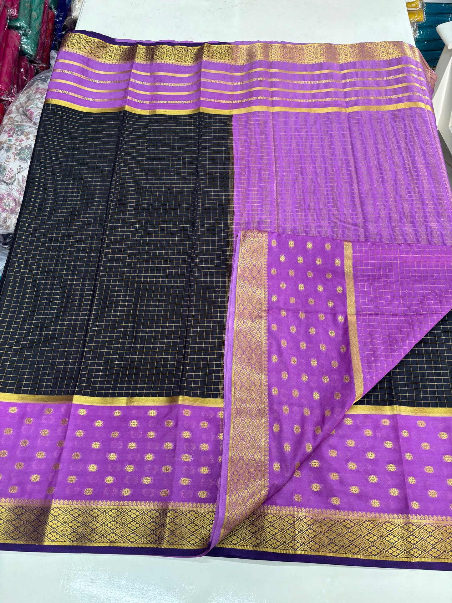 Semi Mysore Crepe (Premium, 3D Checks, 2 Bentex Borders)