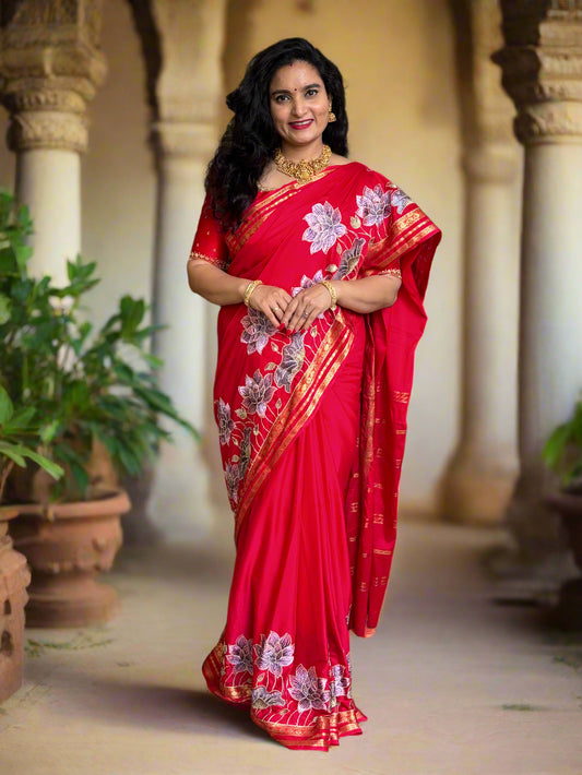 Semi Mysore Crepe(Premium, Small Lotus Bentex Border And Rich Floral Embroidery)