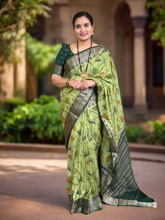 Semi Mysore Crepe (Floral Kalamkari Print with Antique border)
