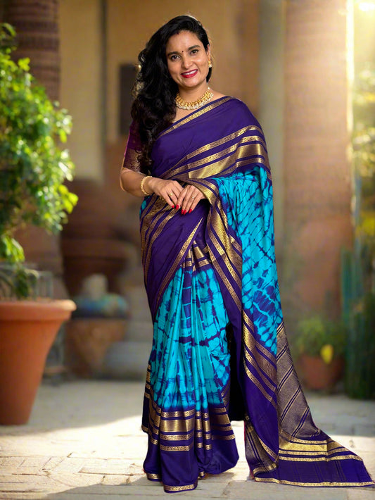 Semi Mysore Crepe (Shibori Marble Pattern, Big 4 Lines Border)
