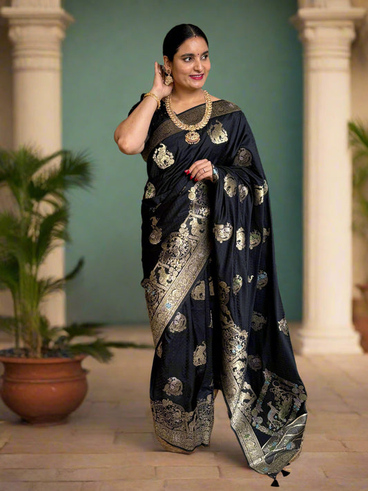 Embossed Crepe (Grand, Elephant and Peacock Meenakari Motifs)