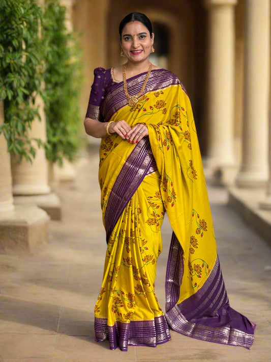 Semi Mysore Crepe (Floral Printed, Mango and Peacock Border)