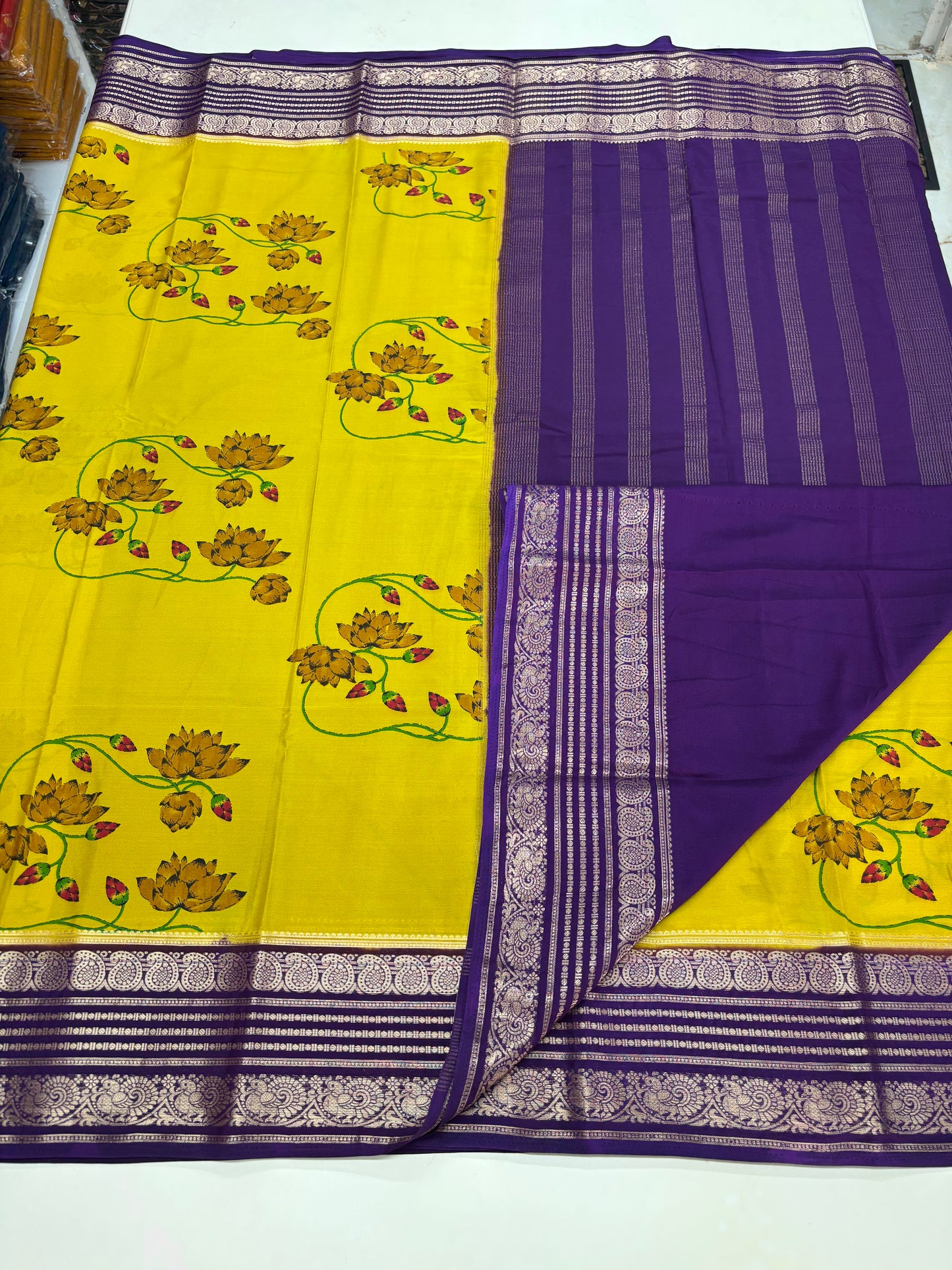 Semi Mysore Crepe (Floral Printed, Mango and Peacock Border)
