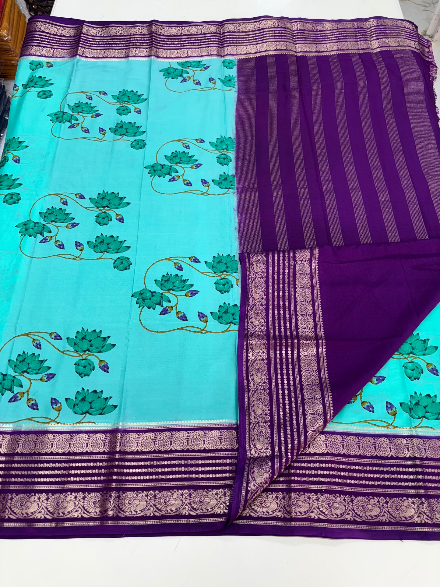 Semi Mysore Crepe (Floral Printed, Mango and Peacock Border)