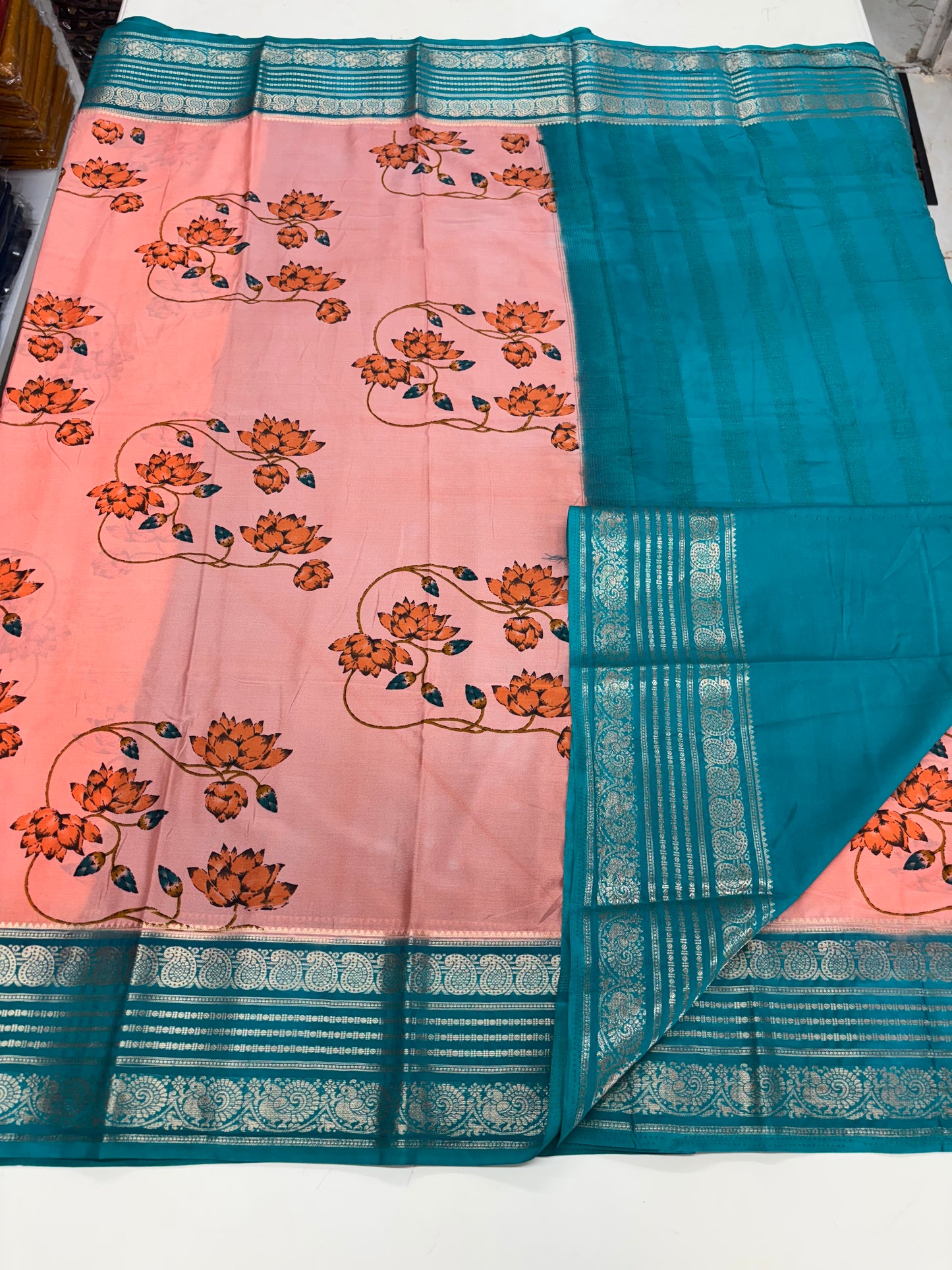 Semi Mysore Crepe (Floral Printed, Mango and Peacock Border)