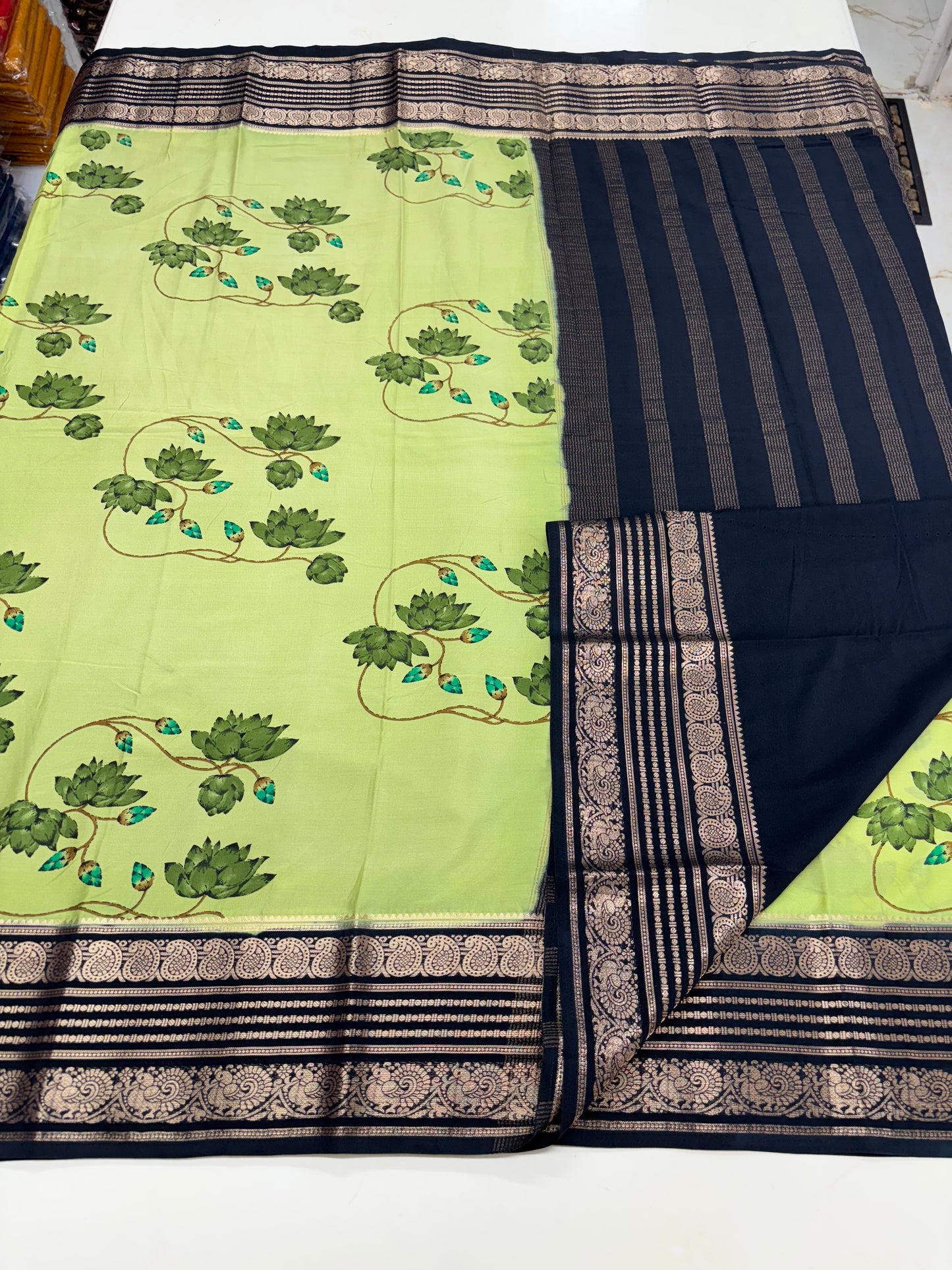 Semi Mysore Crepe (Floral Printed, Mango and Peacock Border)