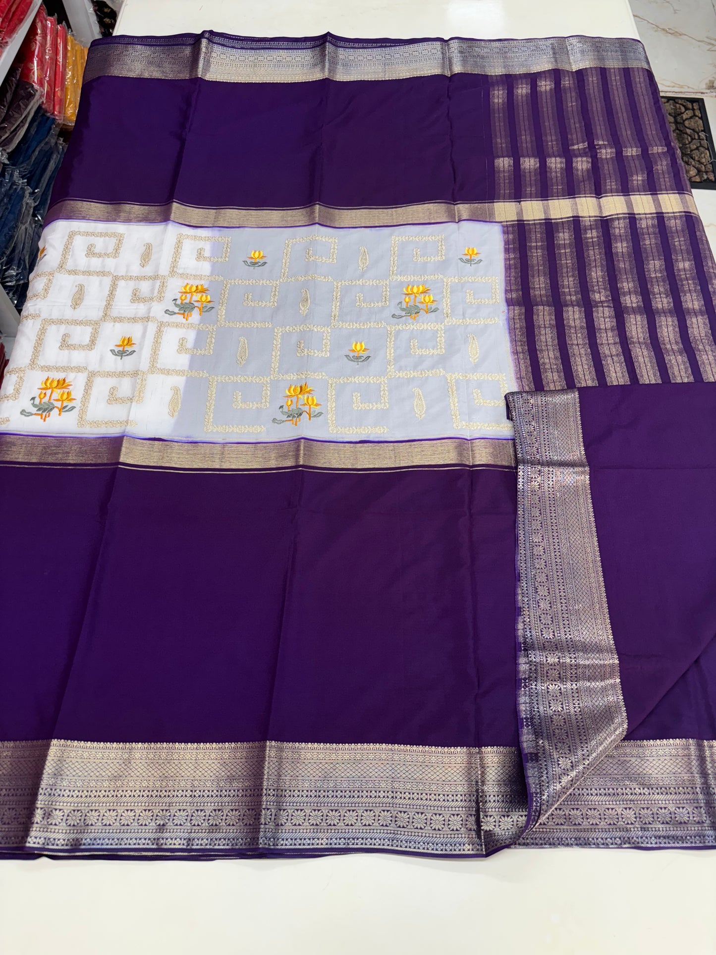 Semi Mysore Crepe (Premium, Center Golden and Lotus Embroidery)