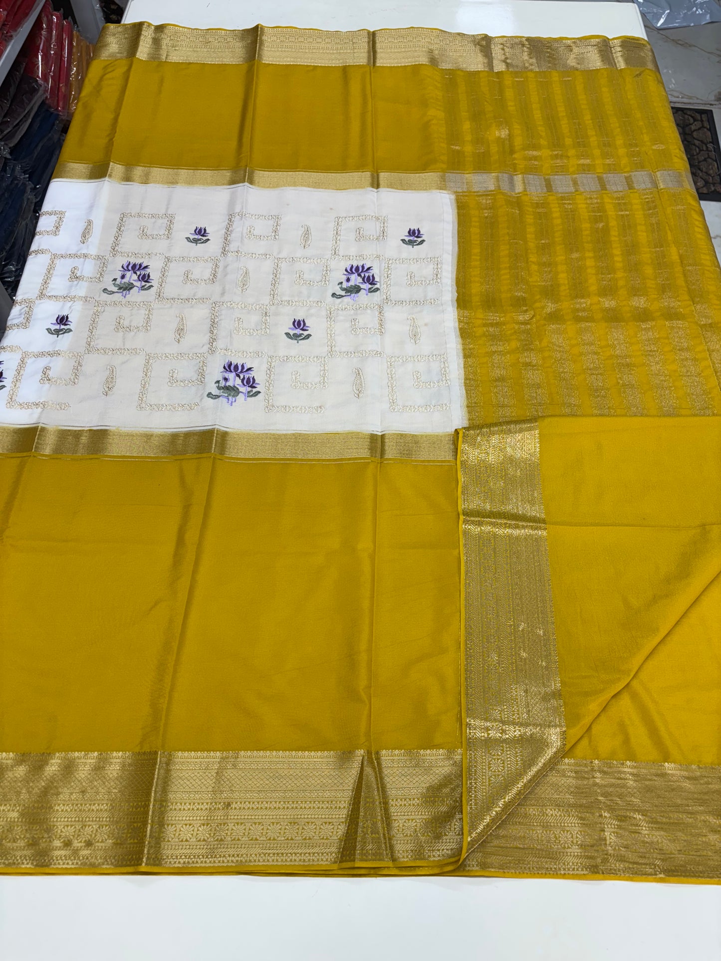 Semi Mysore Crepe (Premium, Center Golden and Lotus Embroidery)
