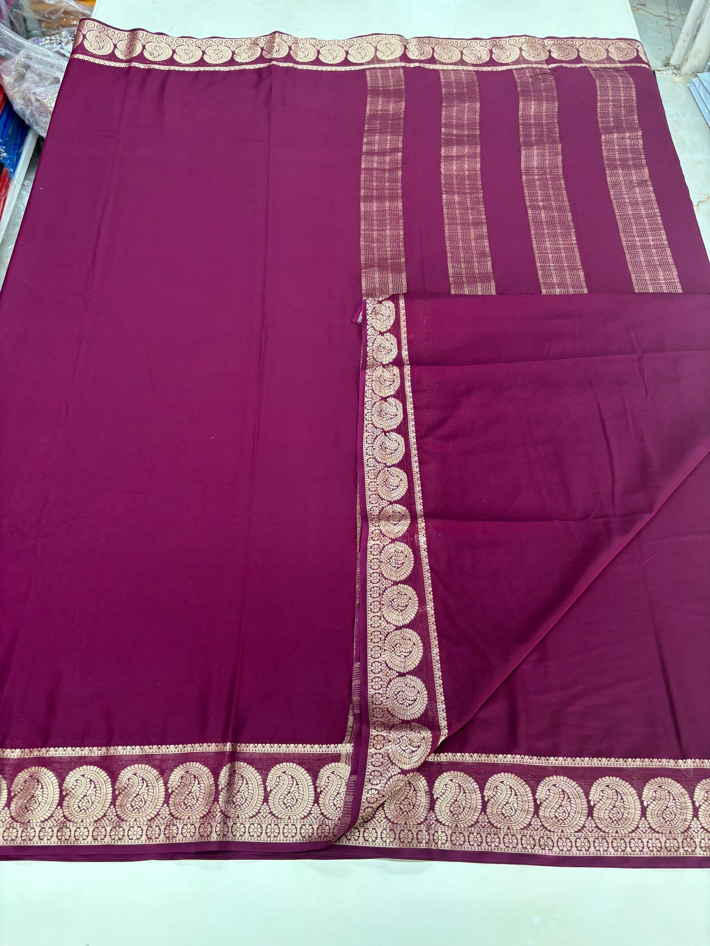 Semi Mysore Crepe (Self, Premium, Mango Border)