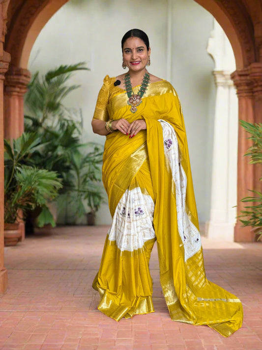 Semi Mysore Crepe (Premium, Center Golden and Lotus Embroidery)