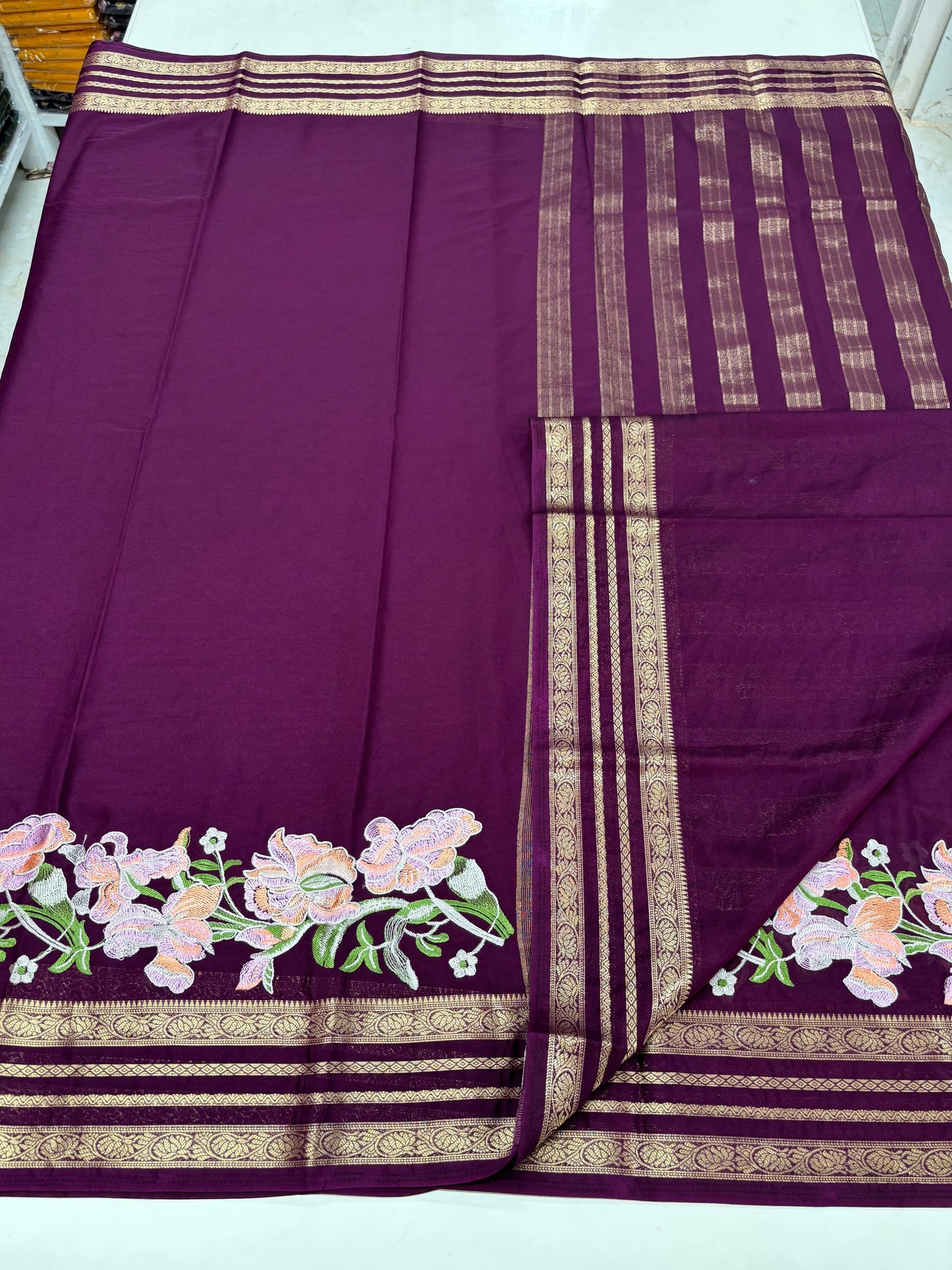 Semi Mysore Crepe (Floral Embroidery, Lotus Bentex Border)