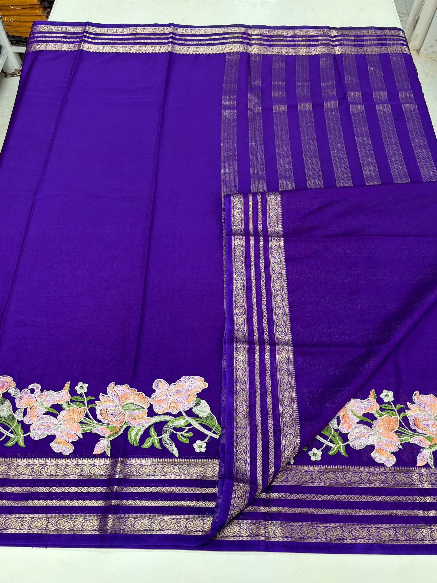 Semi Mysore Crepe (Floral Embroidery, Lotus Bentex Border)