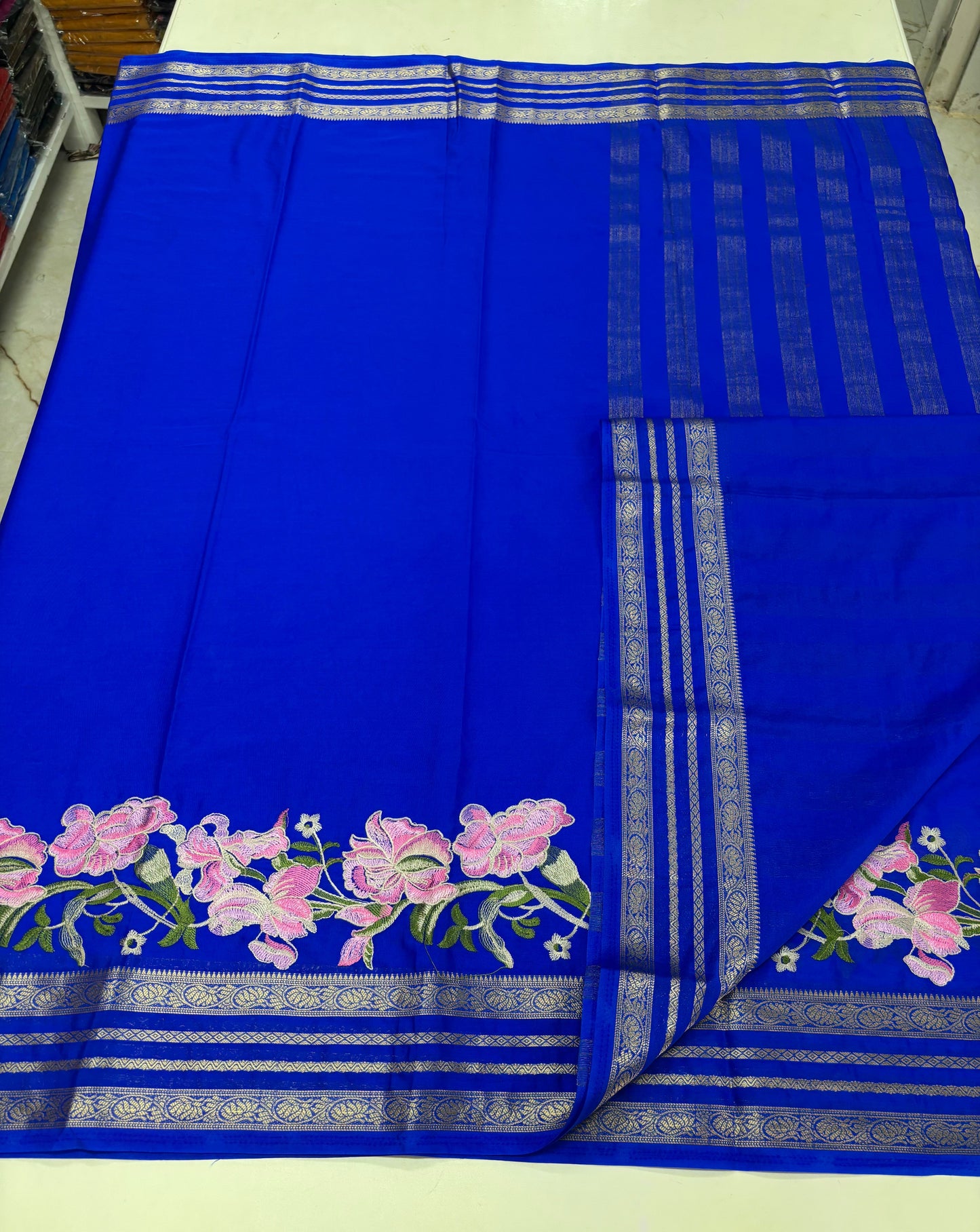 Semi Mysore Crepe (Floral Embroidery, Lotus Bentex Border)