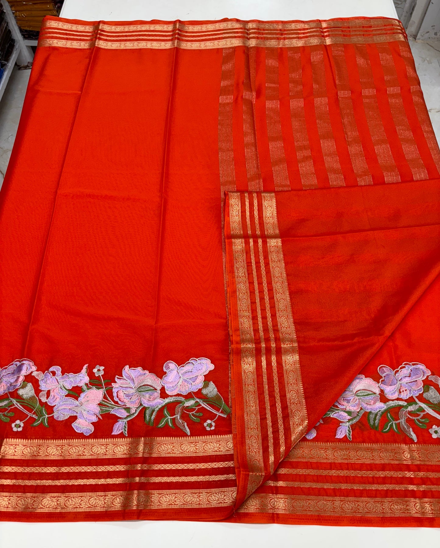 Semi Mysore Crepe (Floral Embroidery, Lotus Bentex Border)