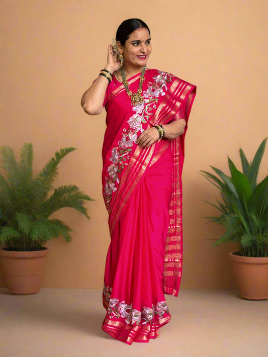 Semi Mysore Crepe (Floral Embroidery, Lotus Bentex Border)