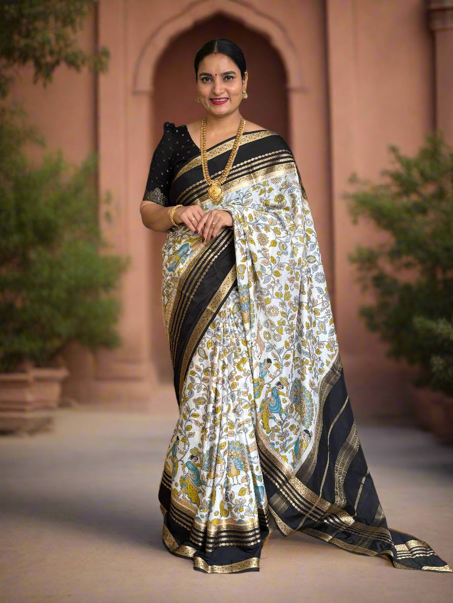 Semi Mysore Crepe (Floral and Peacock Kalamkari Print)