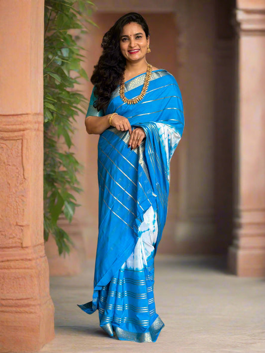Semi Mysore Crepe (Shibori Dyed 2D, Golden Zari Horizontal Lines)