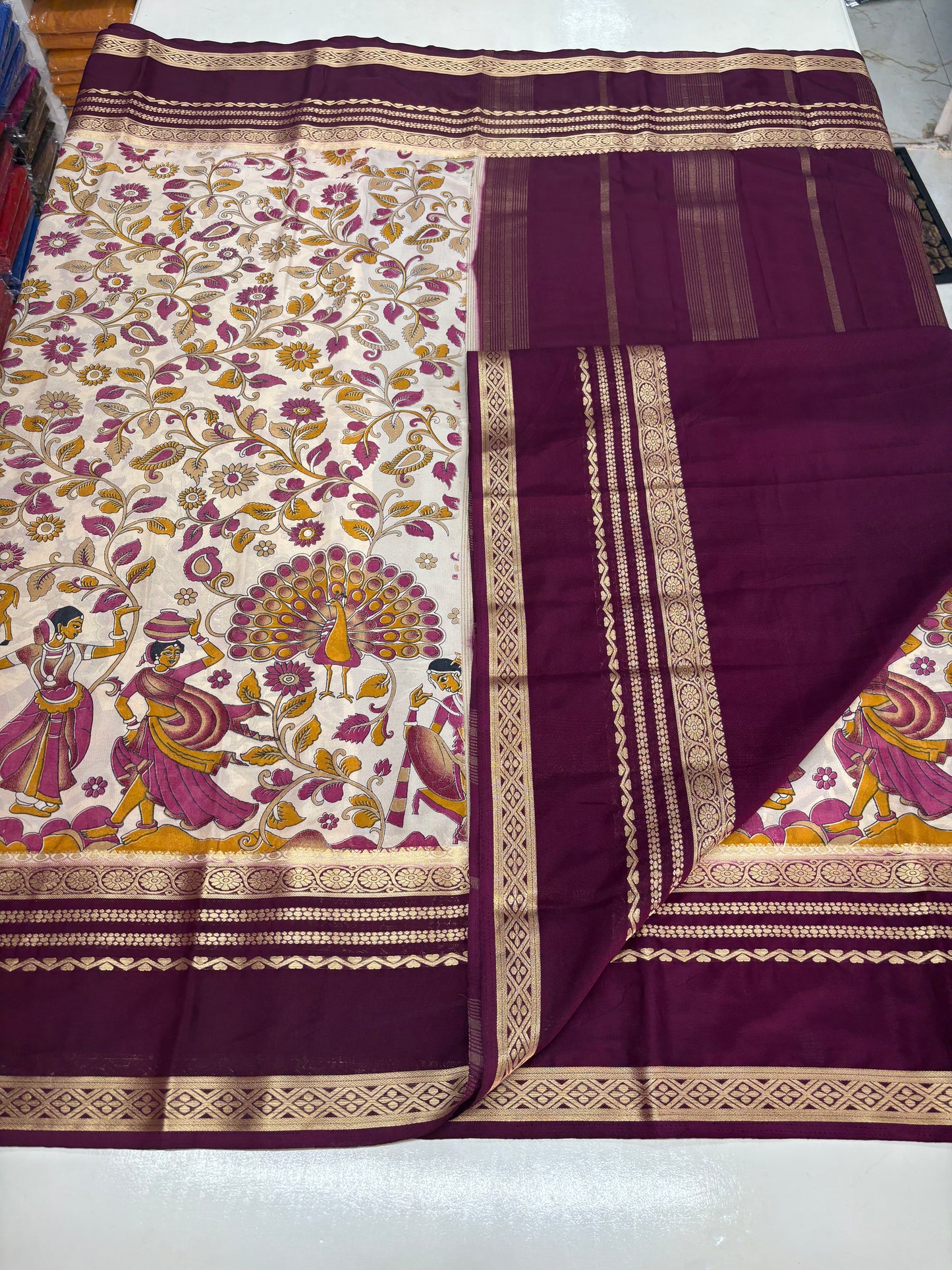 Semi Mysore Crepe (Floral and Peacock Kalamkari Print)