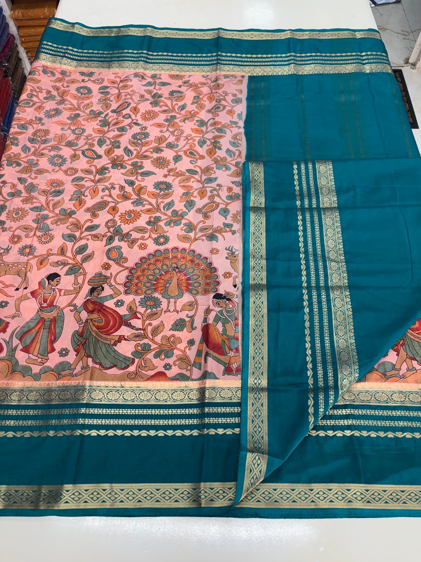 Semi Mysore Crepe (Floral and Peacock Kalamkari Print)