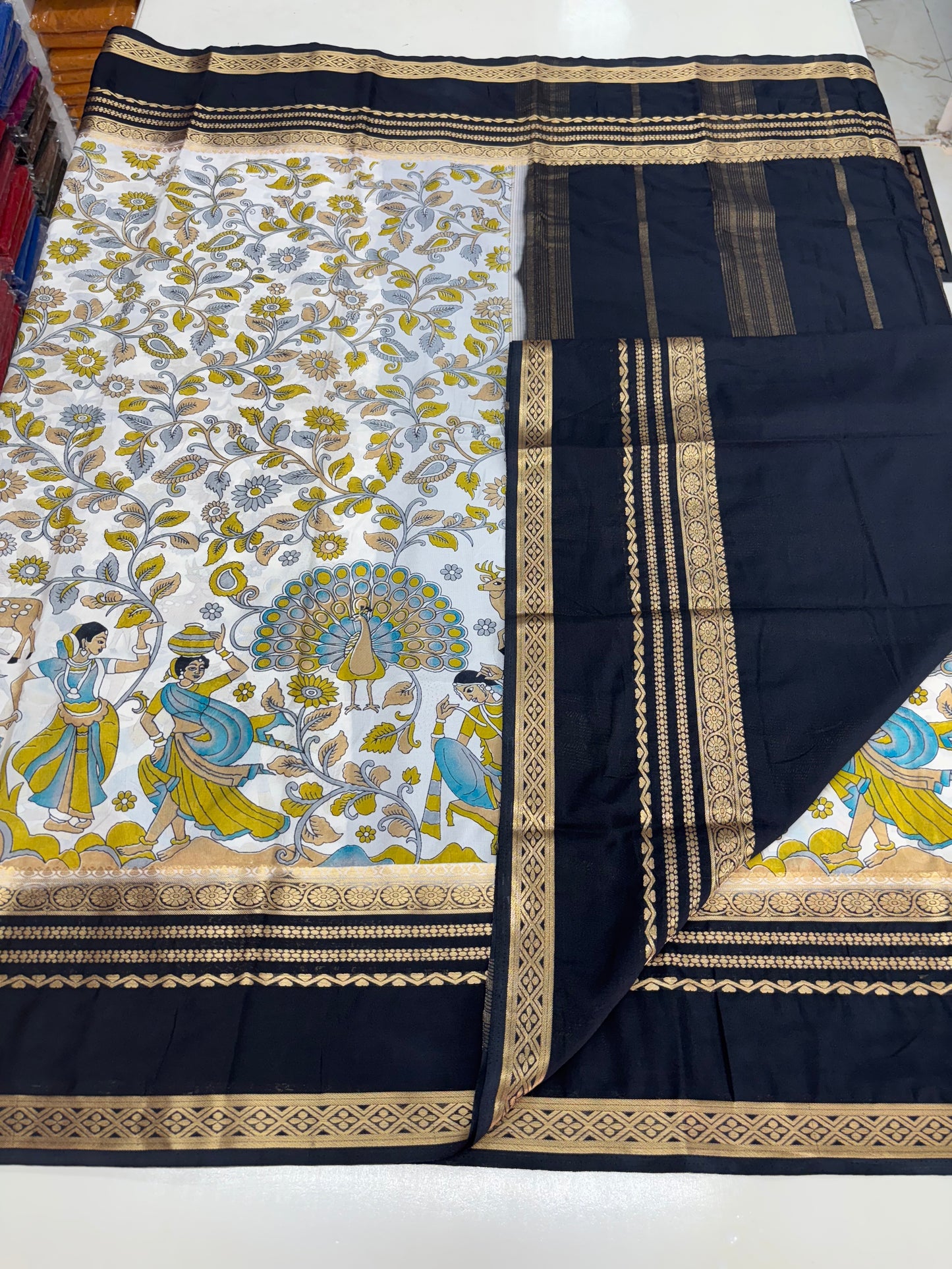 Semi Mysore Crepe (Floral and Peacock Kalamkari Print)