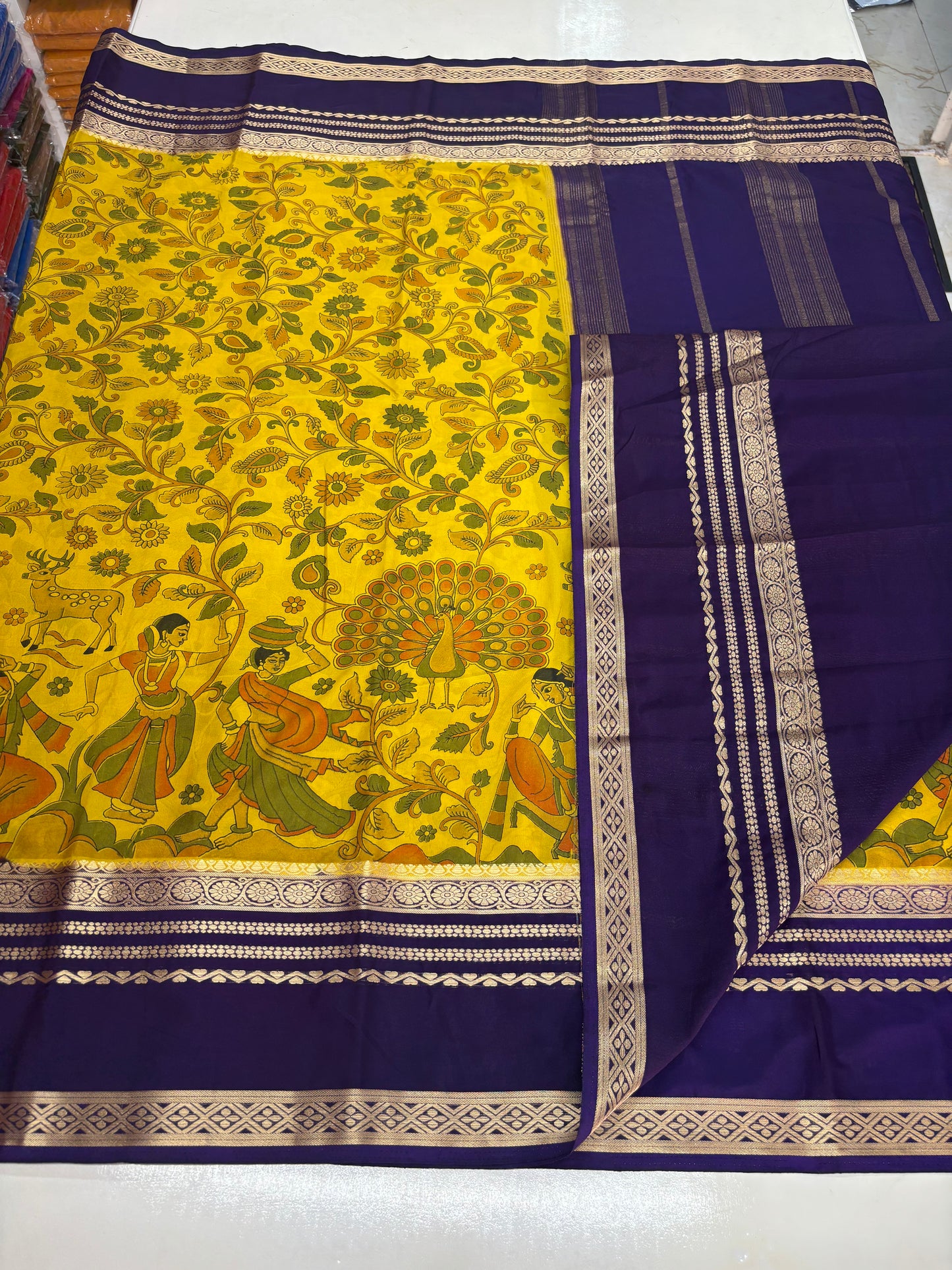 Semi Mysore Crepe (Floral and Peacock Kalamkari Print)