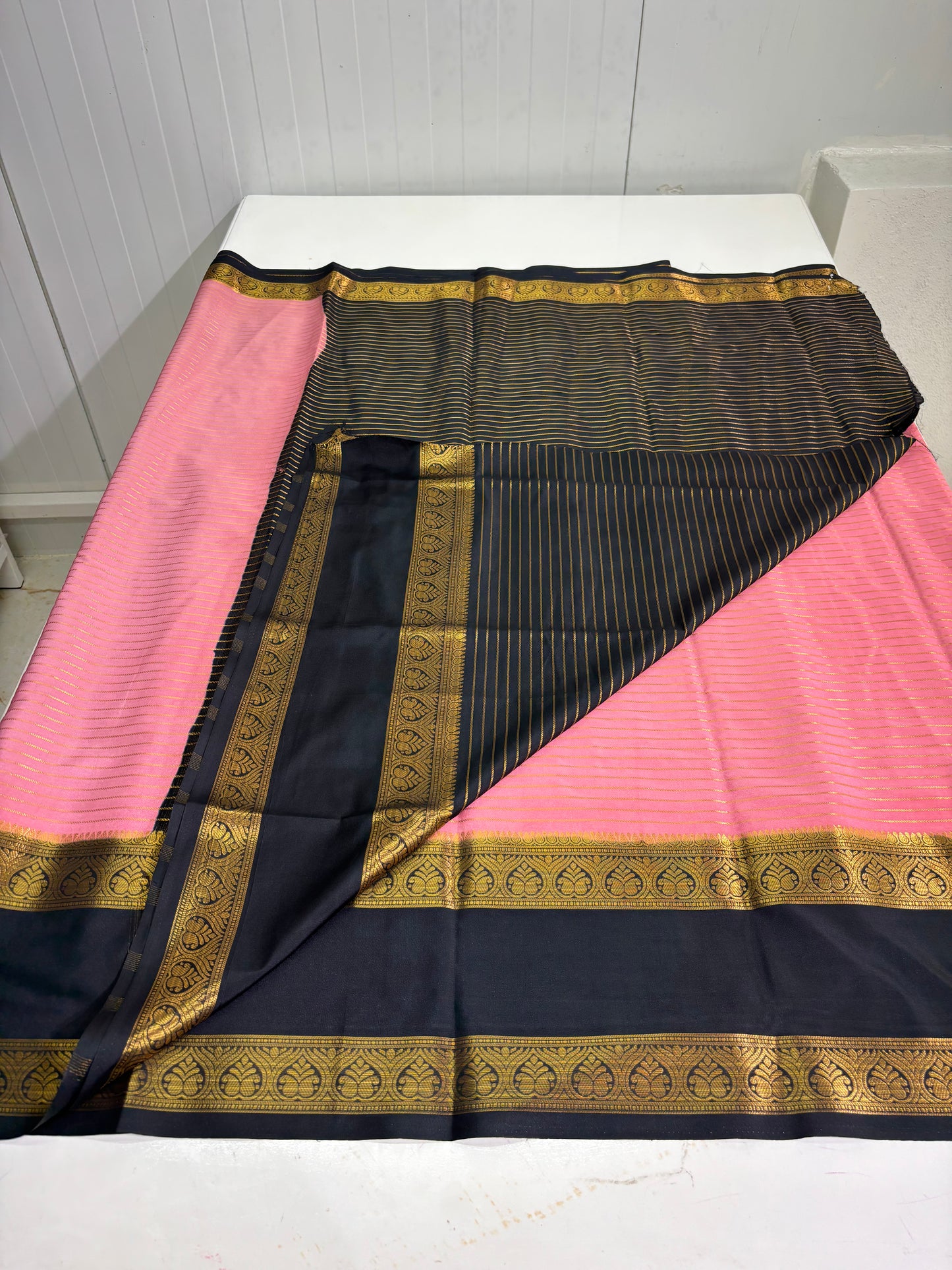 Super Premium Semi Mysore Crepe (Black-themed leaf bentex border)