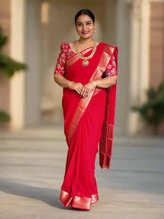 Georgette Chiffon (Grand Floral Pallu and Brocade Blouse)