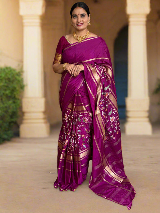 Semi Mysore Crepe (4 Lines Border, Body Embroidery Work)