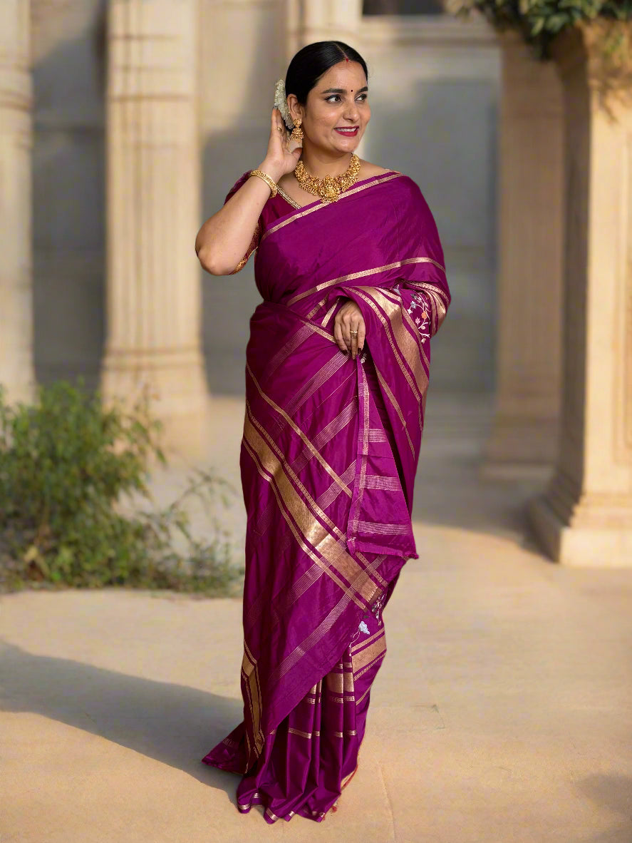 Semi Mysore Crepe (4 Lines Border, Body Embroidery Work)